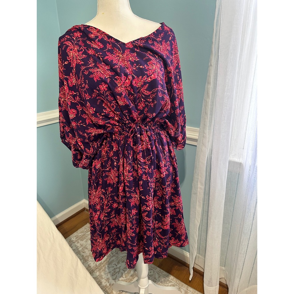 Lands End Purple Floral Modal Swim Cover-up Dress XL-XXL Dolman Sleeve Beachwear